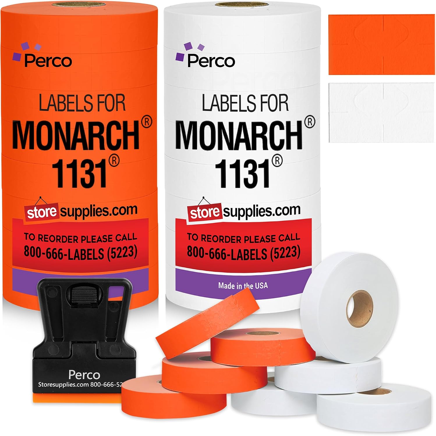 Perco White & Red Pricing Labels for Monarch 1131 Price Gun - One White and One Red Sleeve - 2 Sleeves, 16 Rolls Combo Pack - 40,000 Price Marking Labels - with Label Scraper & Ink Rolls Included
