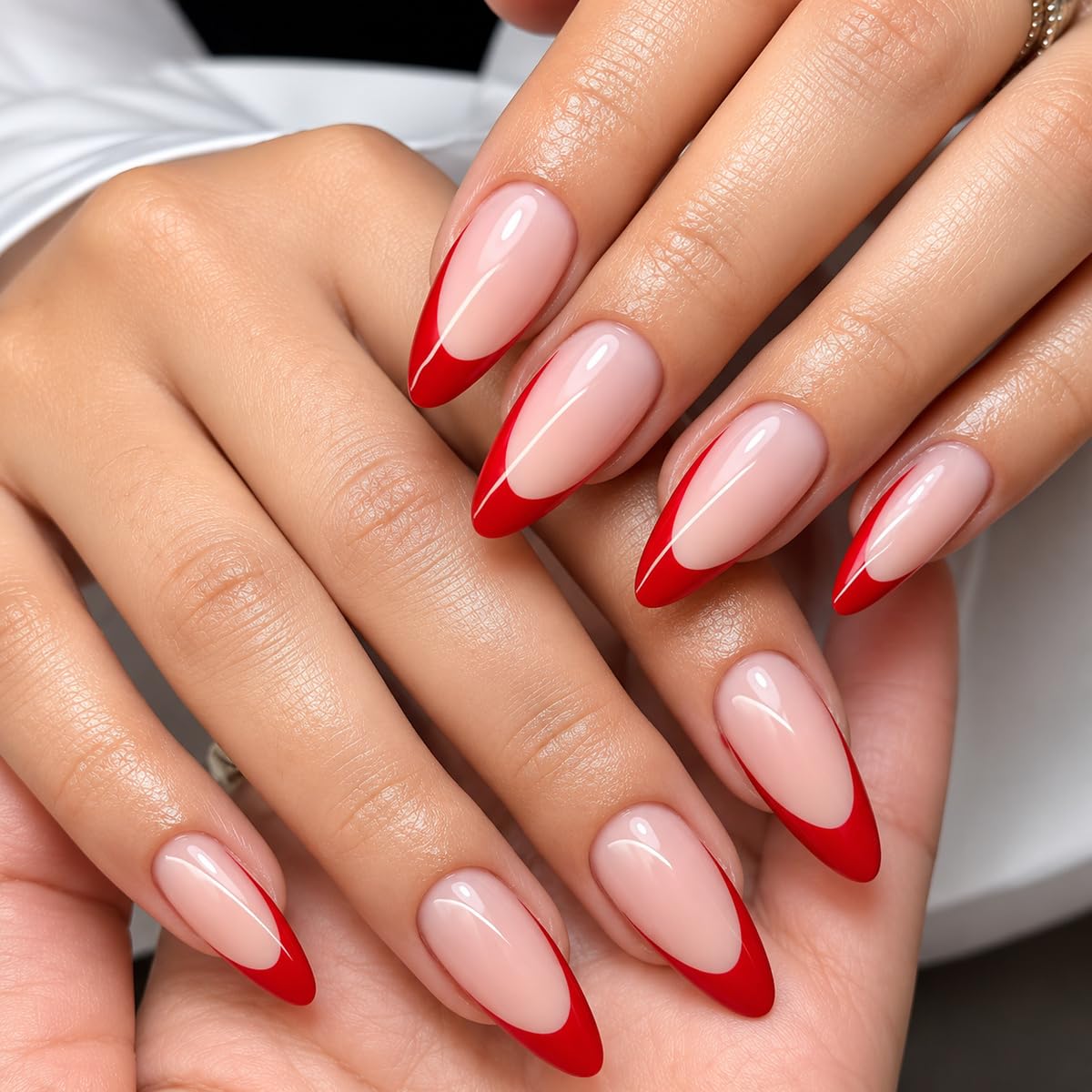 Emqueen Beige with Red Tip Stick-On False Nails | 24-Piece Reusable Press-On Fake Nails Set | Easy Glue-On Application | Long-Lasting Shine | Artificial Nail Extensions for Women & Girls-image-20
