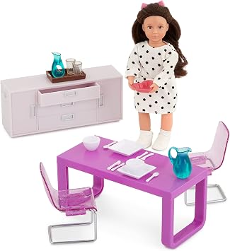 Lori Amelias Dining Room Set, 6-Inch Dollhouse Furniture Set, Dolls | 28-piece set with 6-inch mini doll, buffet, table, 2 chairs, dishes, glasses, cutlery, tray and serving accessories, 3+ Years