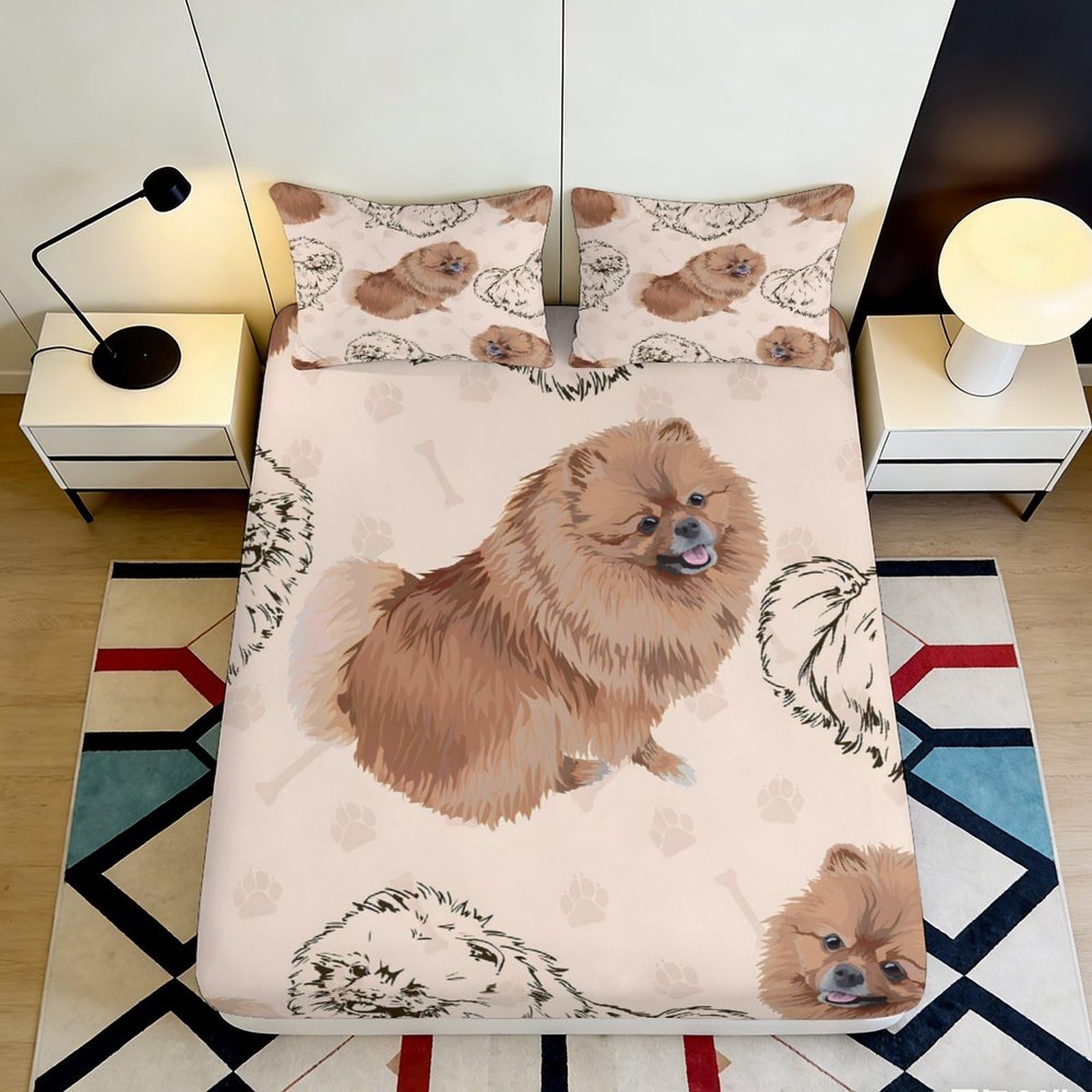 Jqzkxnhpbr Style-8 3D Printed Pomeranian Dog Fitted Sheet Microfiber Soft Breathable Paw Pattern Mattress Cover For Bedroom Decor 90X200x25cm