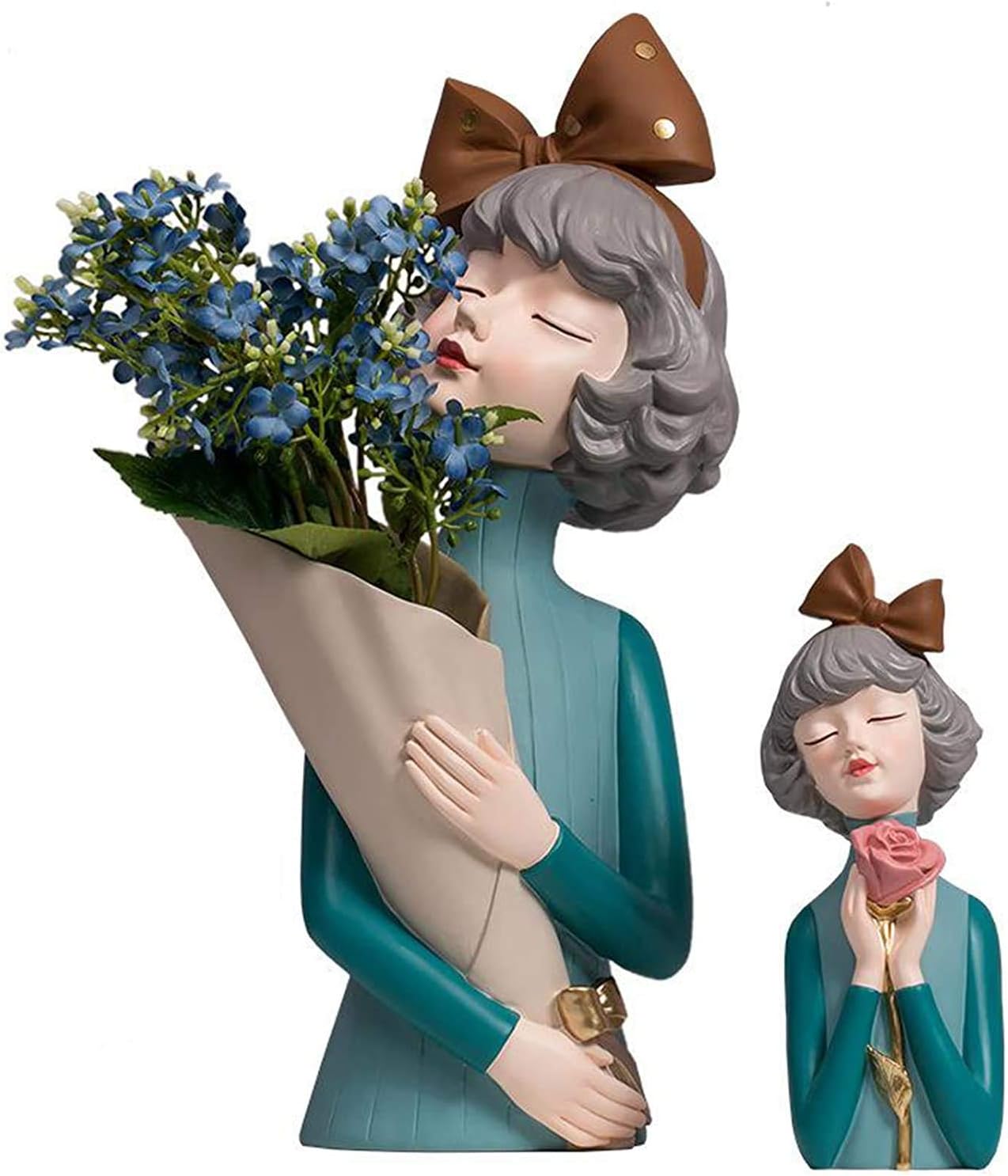 Resin Girl Statue Modern Girl Figurine Craft Ornament Dried Flower Vase Holder for Home Office Bedroom Living Room Porch Desktop Decor - Blue