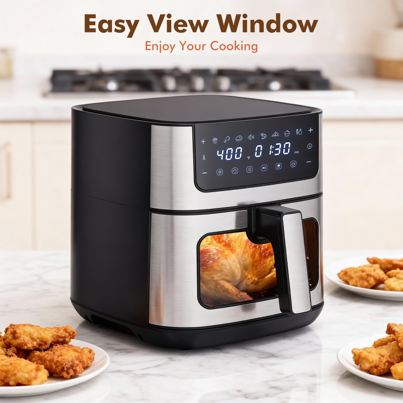 OLIXIS 6.34QT Air Fryer with Window, 8 Food Presets with 400°F Max Heat, 90-Min Timer, Nonstick Dishwasher-Safe Basket for Air Fry, Roast, Reheat, Bake, Stainless Steel, Black view 8