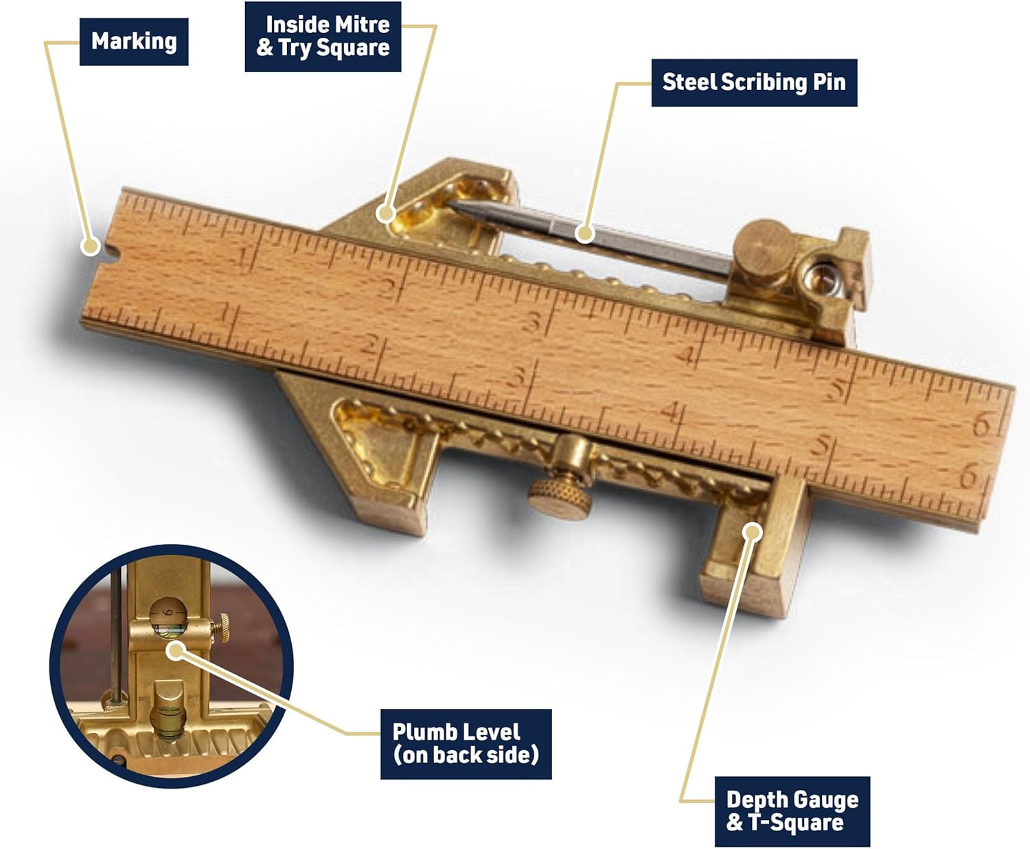 Kings County Tools Odd-Job with 6" Rule | Inside Mitre | Try Square | Depth Gauge | Scribing Tool for Arc and Circles | T-Square | Plumb Level | Solid Brass & Steel Materials