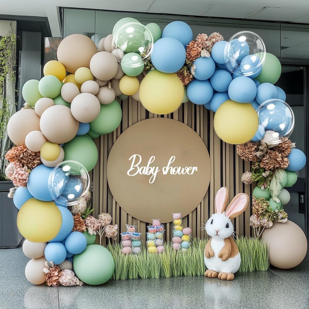 Pastel Blue Yellow Balloon Garland Double Stuffed Dusty Green White Sand Different Sizes 18In 12In 5In Dusty Balloon Arch Kit For Baby Shower Gender Reveal Birthday Party Decorations