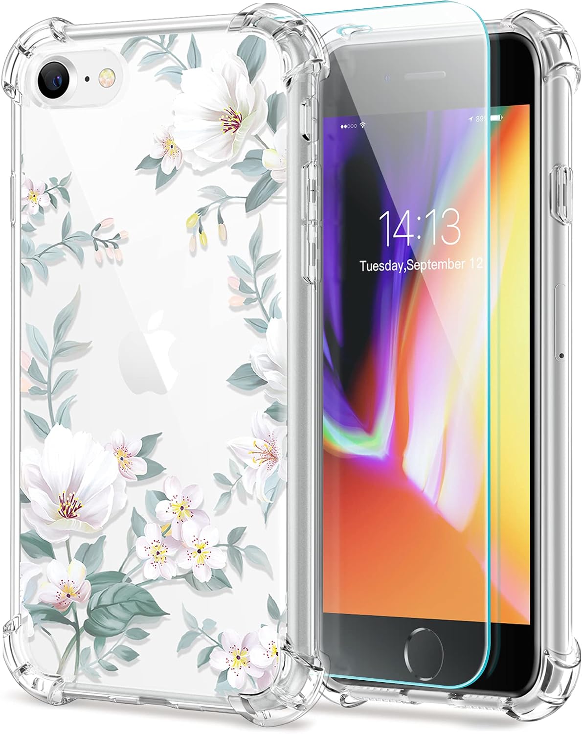 GVIEWIN for iPhone 8 case/iPhone 7 case/iPhone SE 2020 case with Screen Protector,Clear Flower Floral for Girls Woman, Soft TPU Shockproof Protective Cover for iPhone SE 2nd Gen/7/8(Magnolia)