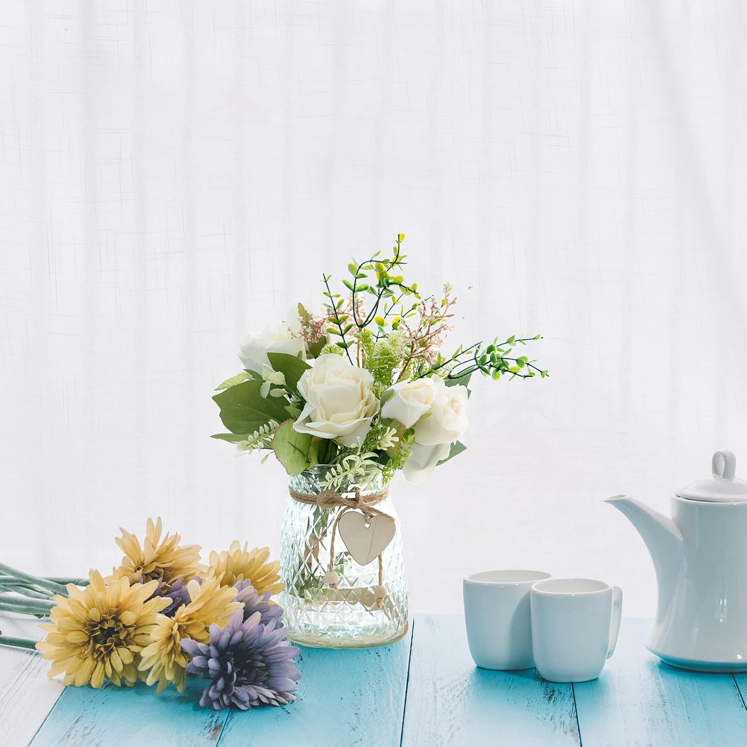 Artificial Flowers with Vase, Faux Silk Roses in Vase, Fake Plant Eucalyptus Flower Arrangement for Office Home Farmhouse Bathroom Dining Table Centerpiece Decorations Coffee Table Decor - Image 7