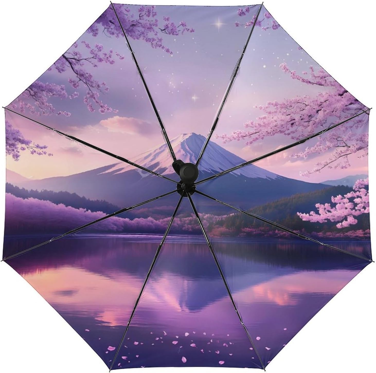 Mount Fuji Lake Cherry Flowers Windproof Travel Umbrella Compact Portable Automatic Umbrella for Sun Rain