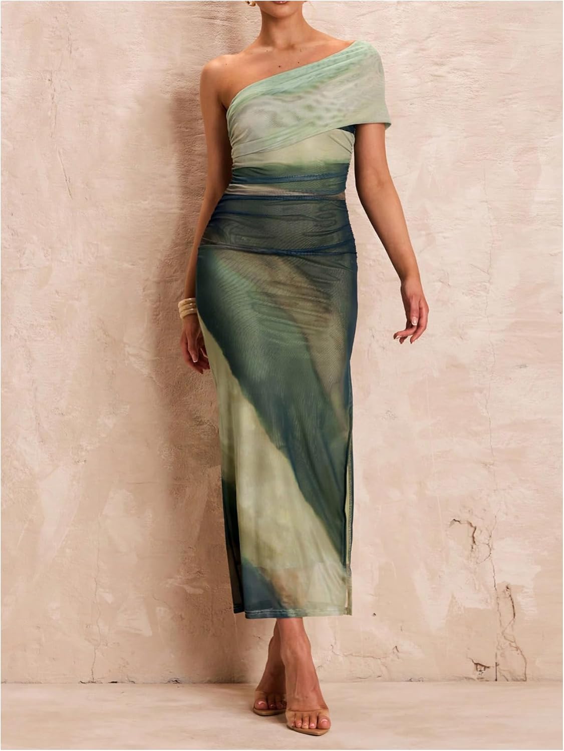 Floerns Women's Summer One Shoulder Long Dress Tie Dye Mesh Vacation Slit Bodycon Maxi Dresses - Image 5