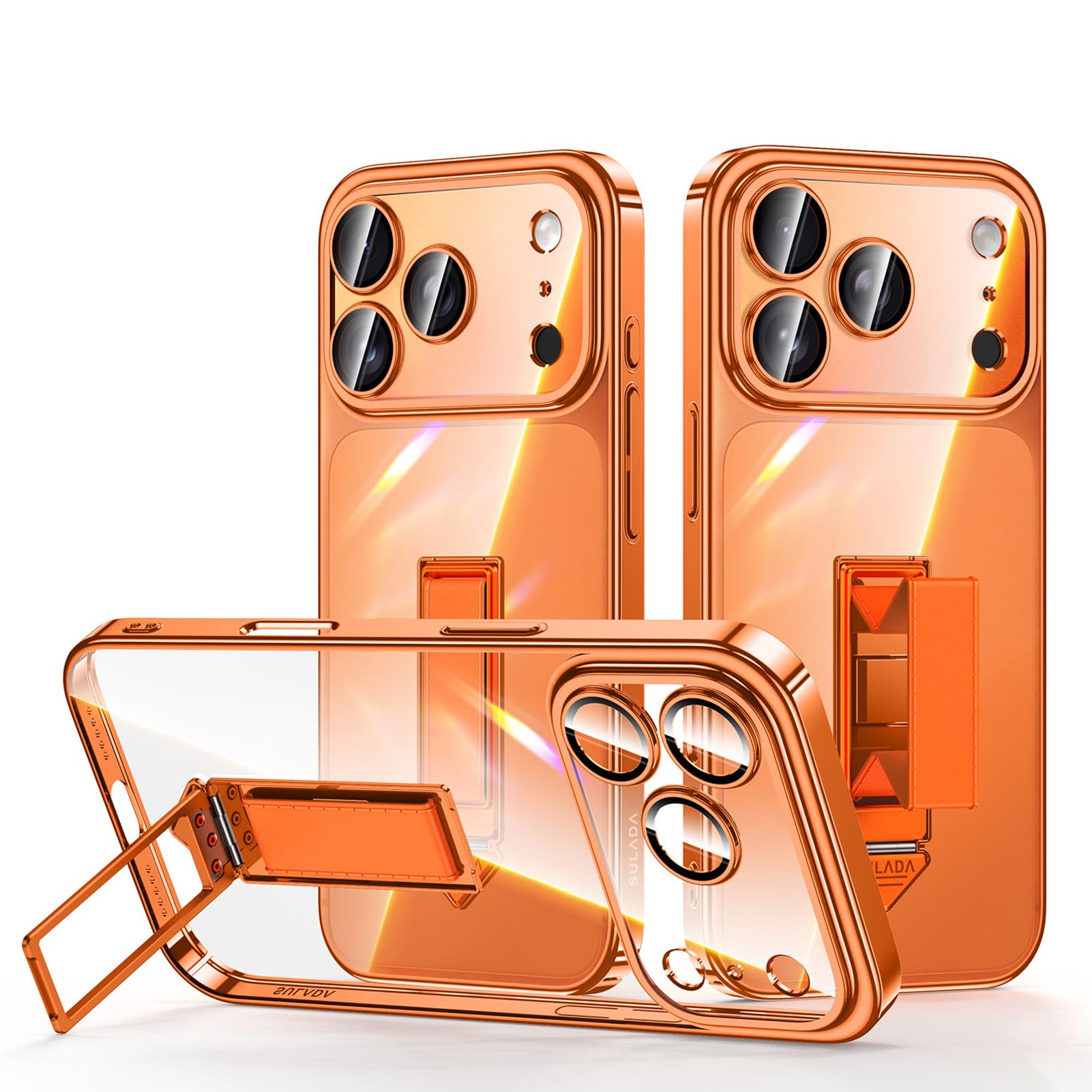 Étui iPhone 17 Pro Max orange avec support ajustable et coque protection objectif intégrée