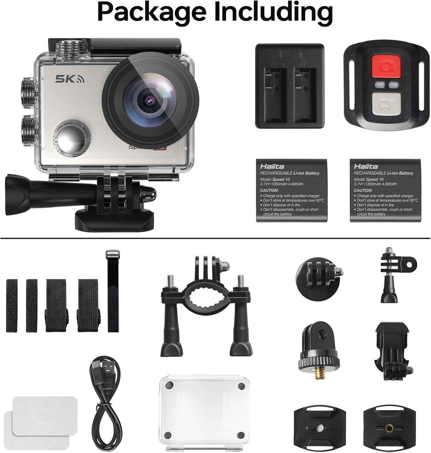รายละเอียด view of Hiicam Speed 10 Action Camera and all included accessories laid out