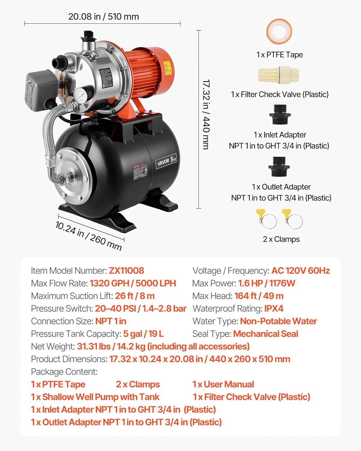 VEVOR 1.6 HP Shallow Well Pump with Pressure Tank, 120V 1320 GPH, Stainless Steel Irrigation Jet Pump with 5-Gal Tank, Automatic Water Booster System, 20/40 PSI Pressure Switch, for Home Garden Lawn