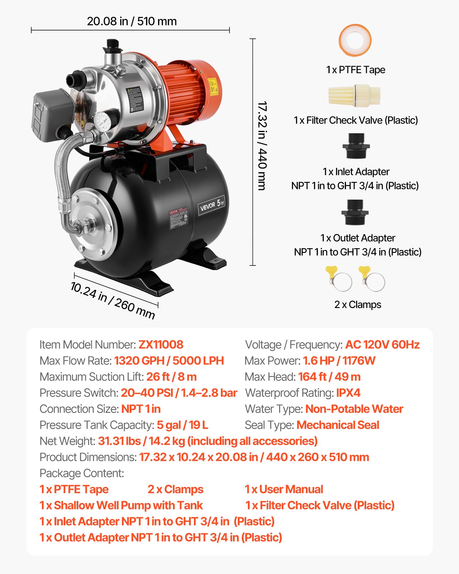 VEVOR Groupe de Surpression 1176 W 19 L Pompe avec Réservoir de Pression | Pour Puits Peu Profonds Jardin et Pelouse, 5000 L/h, Tête de Pompe Acier Inox, avec Surpresseur Auto, Pressostat 1,4-2,8 bar