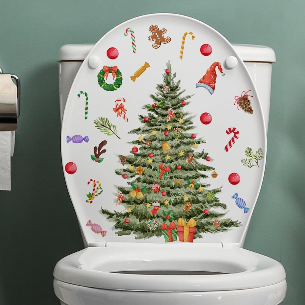 2 Sheets Christmas Toilet Stickers Decals Xmas Christmas Tree Snowman Pattern Bathroom Wall Toilet Seat Cover Decals Self-Adhesive Merry Christmas Home Decoration Supplies