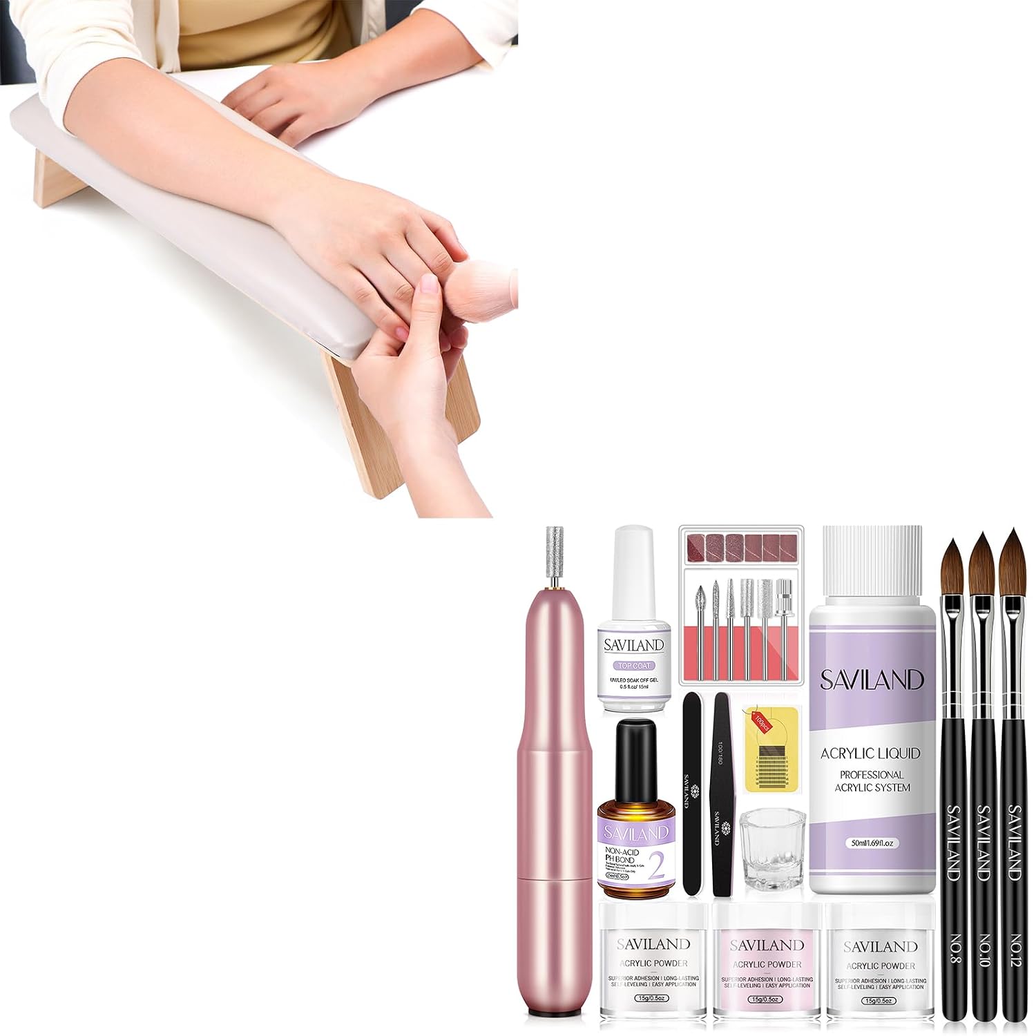 Saviland Acrylic Nail Kit with Drill: Professional Acrylic Kit 15g Clear White Pink Acrylic Powder SAVILAND Hand Rest for Nails Tech: Professional Nail Arm Rest for Foldable Nail Hand Rest Soft and