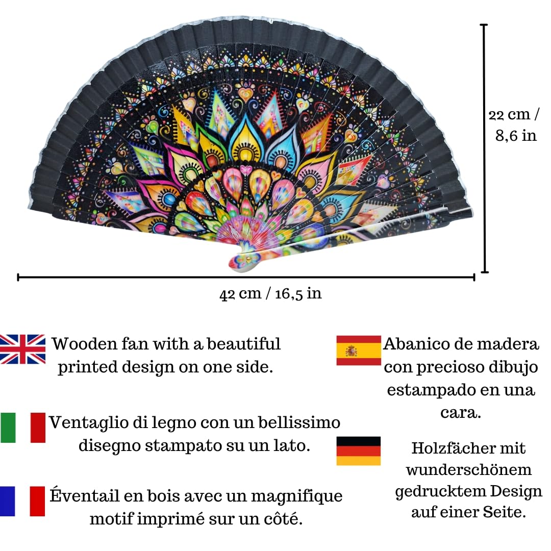 Planta Color Wooden Fans with Patterned Drawing. Beautiful Wooden Fan with Case Made in Spain. Includes Agate and Volcanic Bracelet in Matching Colours (Mandala Agata) - Image 2