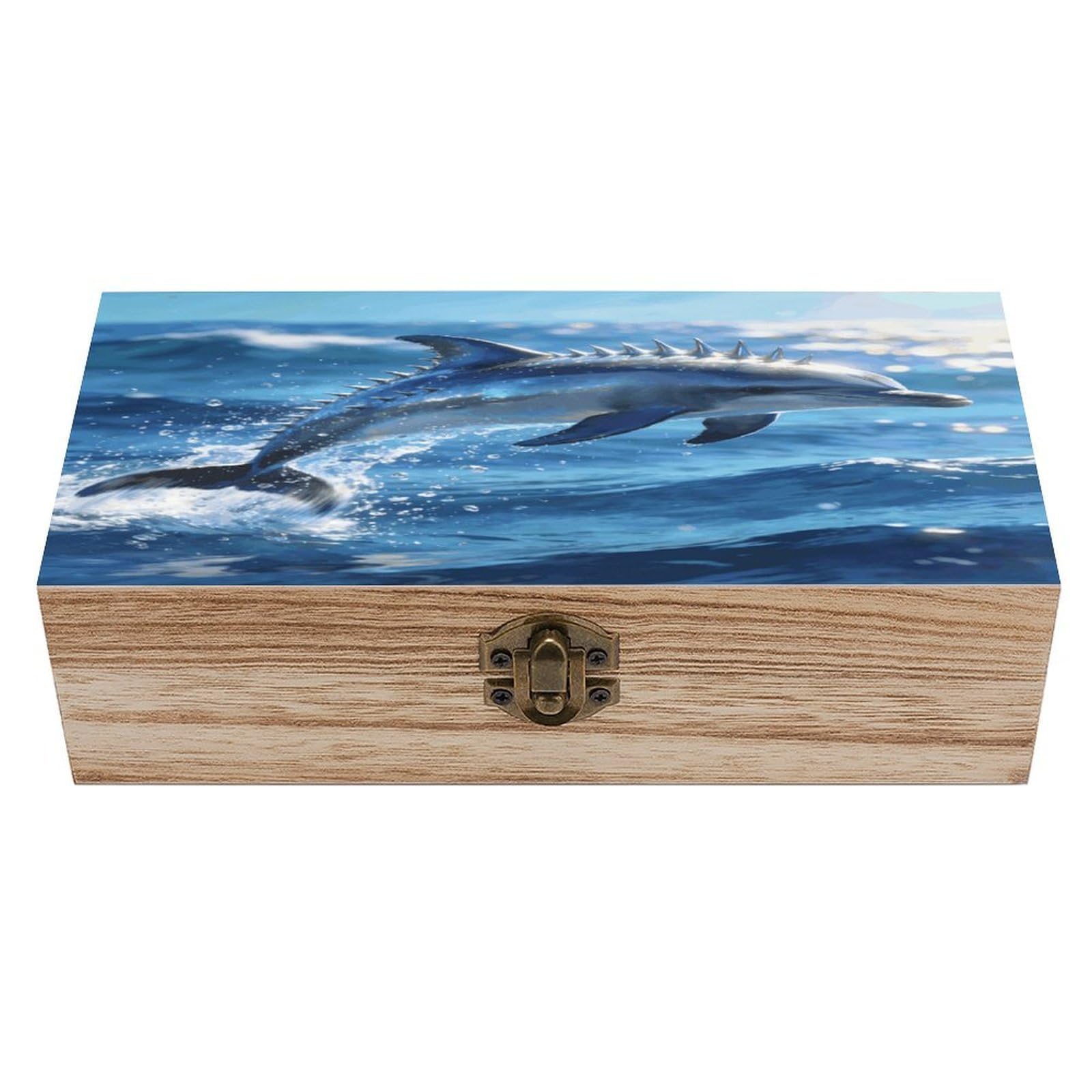 LZQPOEAS Marine Art Spiny Dolphin Wooden Keepsake Box Wooden Storage Box Container with Hinged Lid Beautiful Wood Memory Box Decorative Jewelry Case for Crafts Art Hobbies & Trinket Storage
