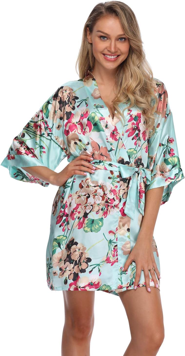 Women's Floral Satin Kimono Robes Short Bridesmaid Robes for Wedding Party - Image 3