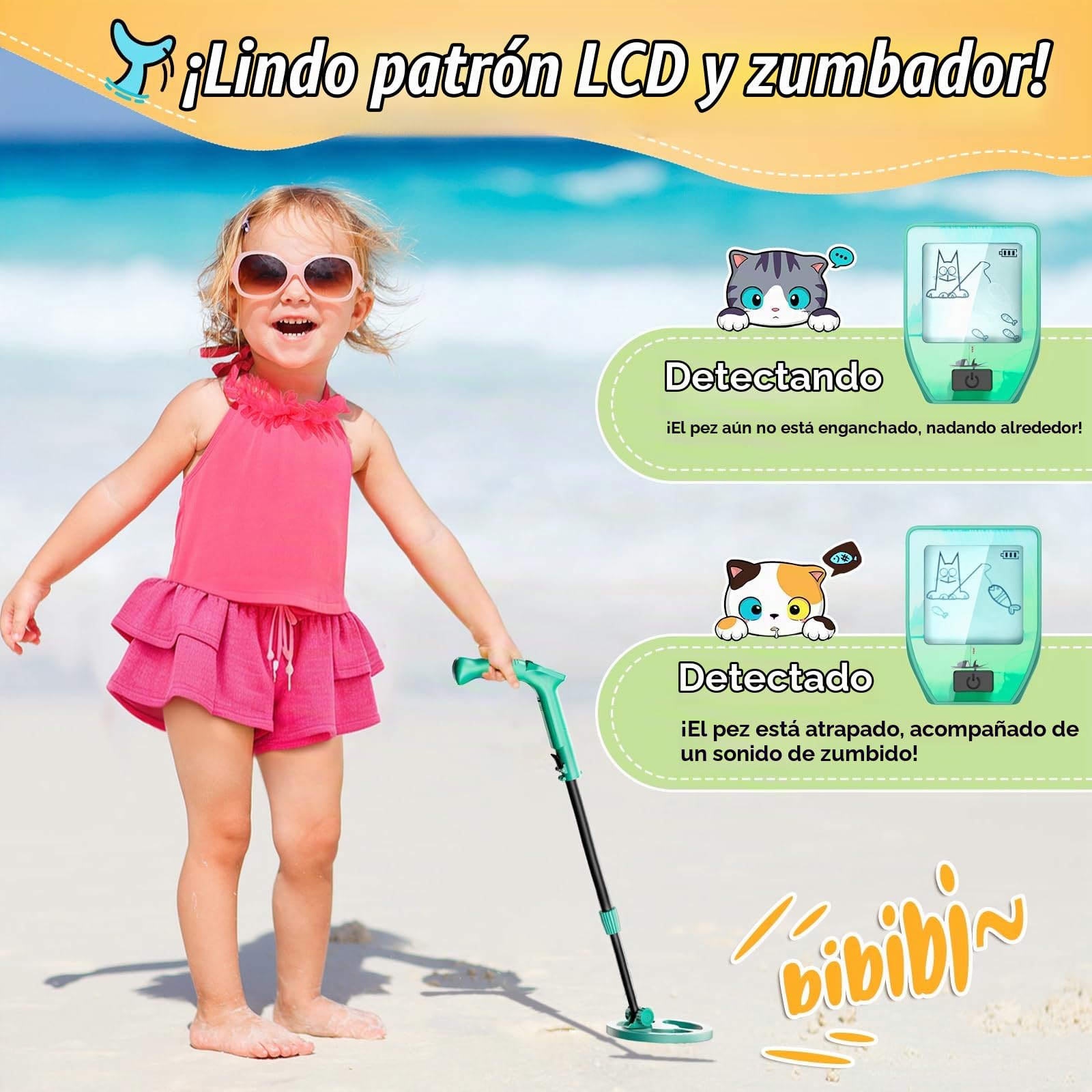 Detector de Metales para Niños, Longitud Ajustable (66-83cm), Detector de Metales para Niños con Pantalla LCD, Pala, Rastrillo, Mochila, Adecuado para Detectar Monedas