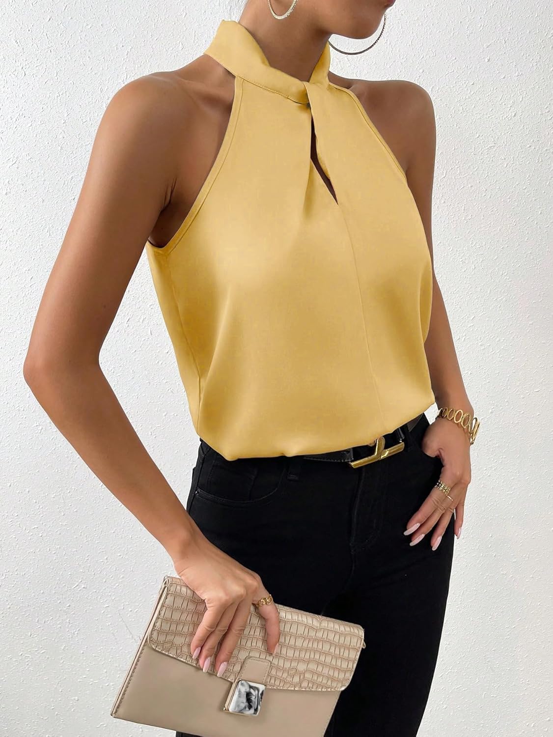 SweatyRocks Womens Elegant Twist Front Halter Sleeveless Satin Blouse Keyhole Back Tank Top