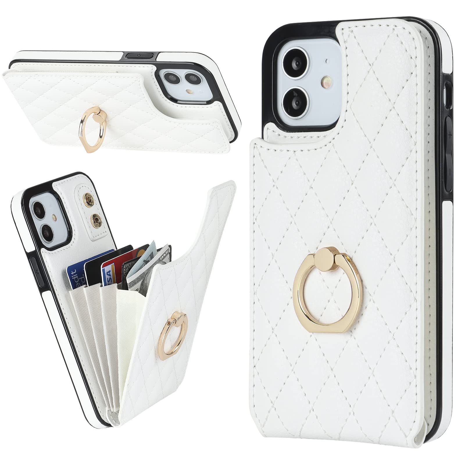 Folosu Compatible with iPhone 12 iPhone 12 Pro Case Wallet with Card Holder, 360°Rotation Finger Ring Holder Kickstand RFID Blocking PU Leather Double