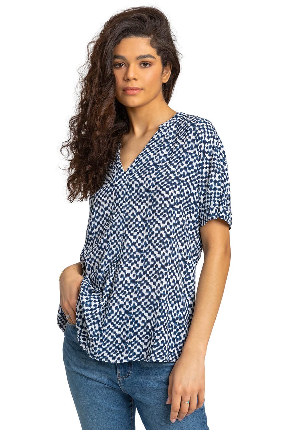 Roman Women's Navy Spot Print V-Neck Tunic Top In Size 10