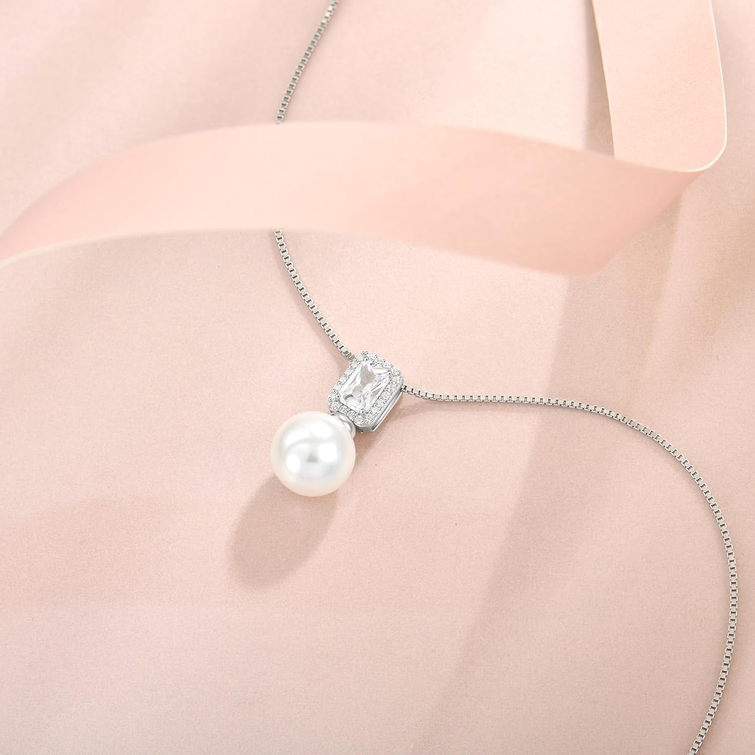 Pearl Necklace for Women 925 Sterling Silver Birthstone Pendant Necklace Emerald Cut Jewelry Gifts for Her - Image 4