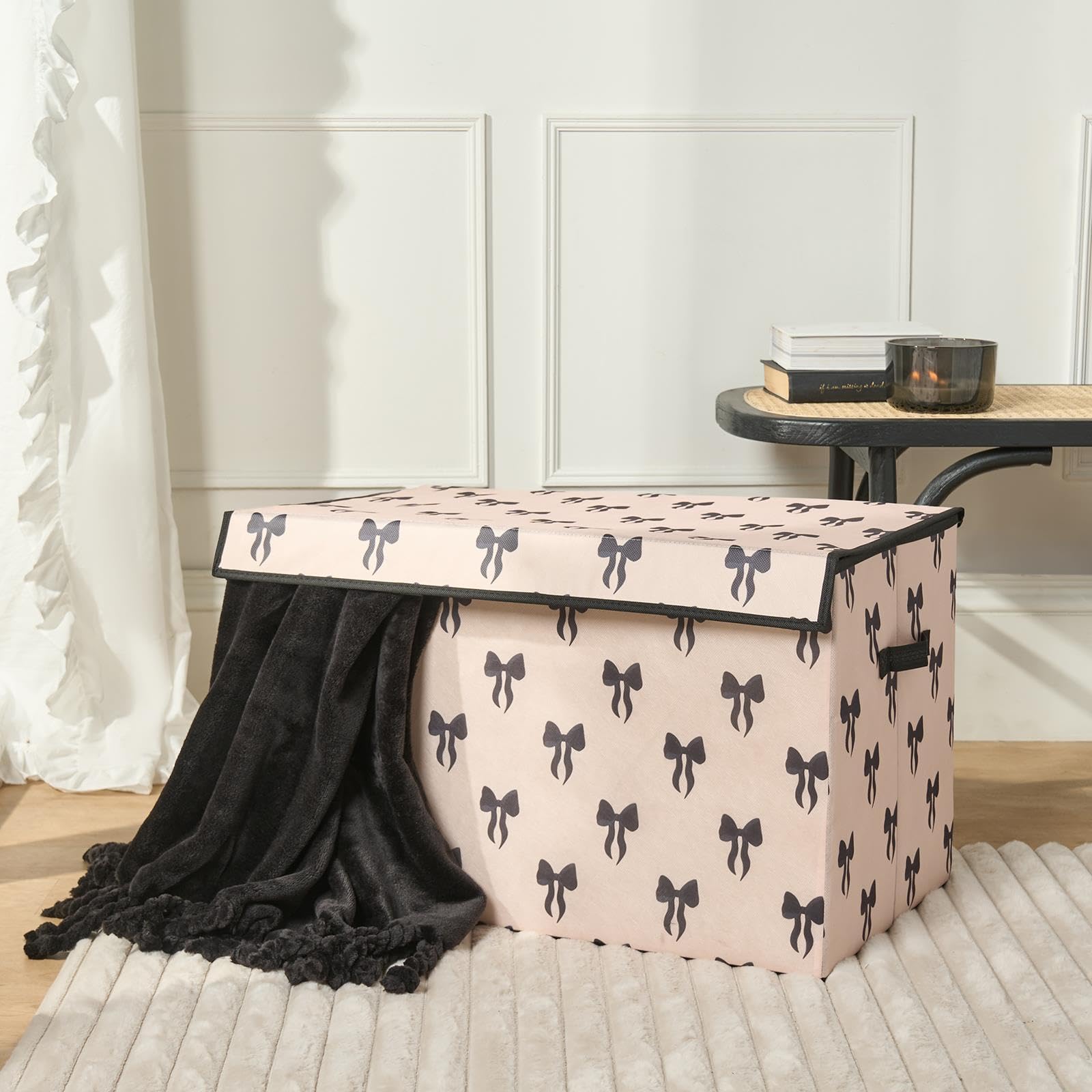 Ohs Bows - Mono Large Collapsible Storage Box, Bow Print Decorative Storage Boxes With Lids And Handle Wardrobe Organiser Bin Foldable Fabric Basket Organiser For Clothes Book Shelf Office, Monochrome