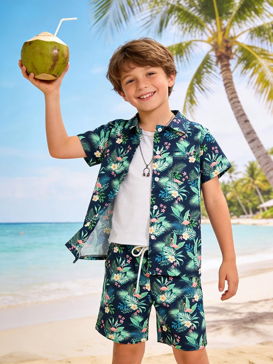 Boys Summer Outfits 2Piece Casual Hawaiian Shirt and Short Set Holiday Beach Shirts for Kids Size 7-14 Years