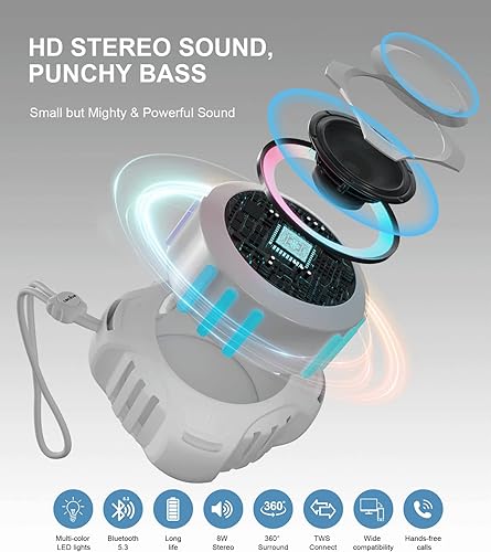 Miniatura 2 de comiso Altavoz Bluetooth de ducha, IPX7 impermeable con múltiples luces, flotante, altavoces inalámbricos con graves fuertes y sonido HD fuerte de