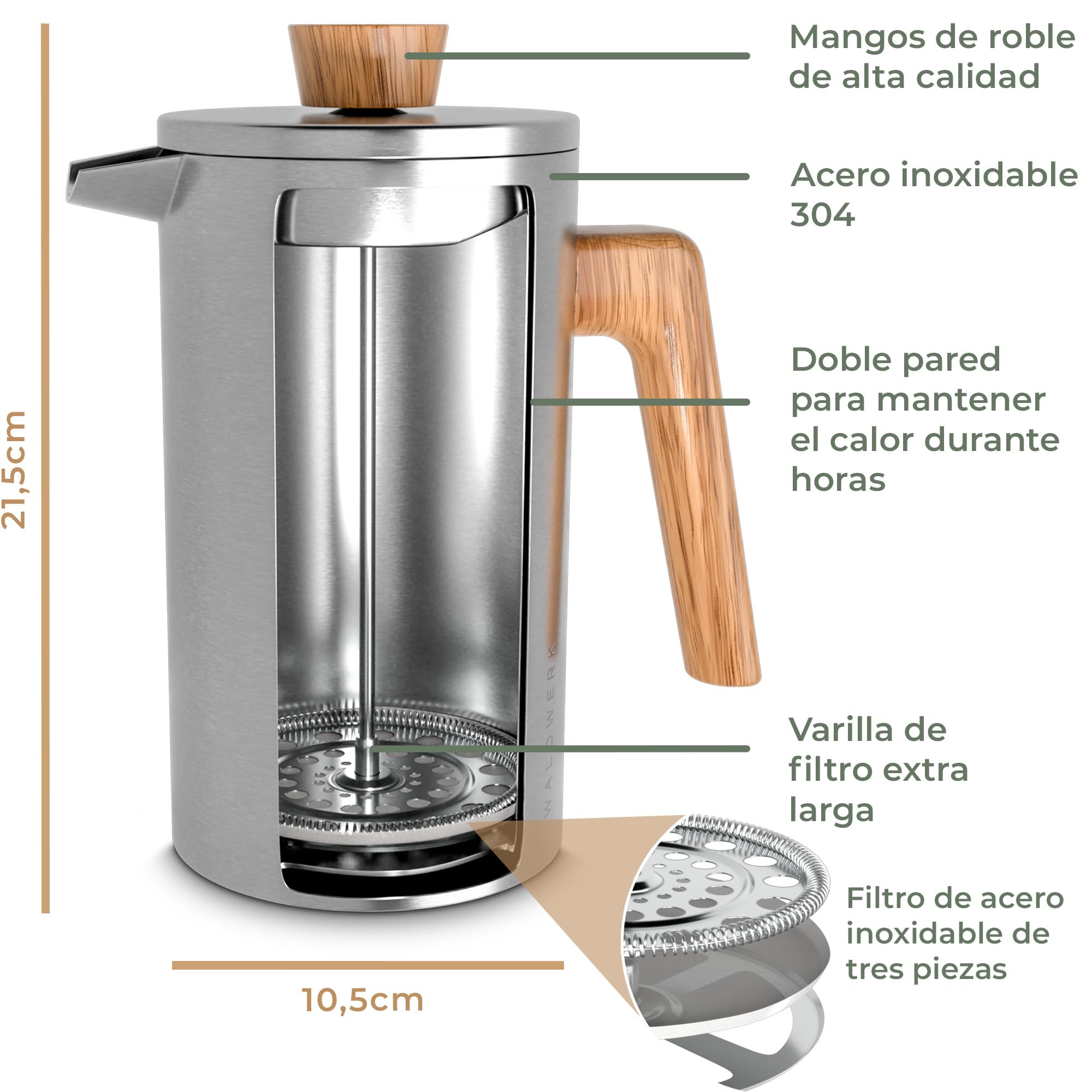 WALDWERK French Press (1L) - Cafetera francesa de acero inoxidable de doble pared con mango de madera de roble - Cafeteras de émbolo - Prensa francesa sin plástico - Cafetera manual