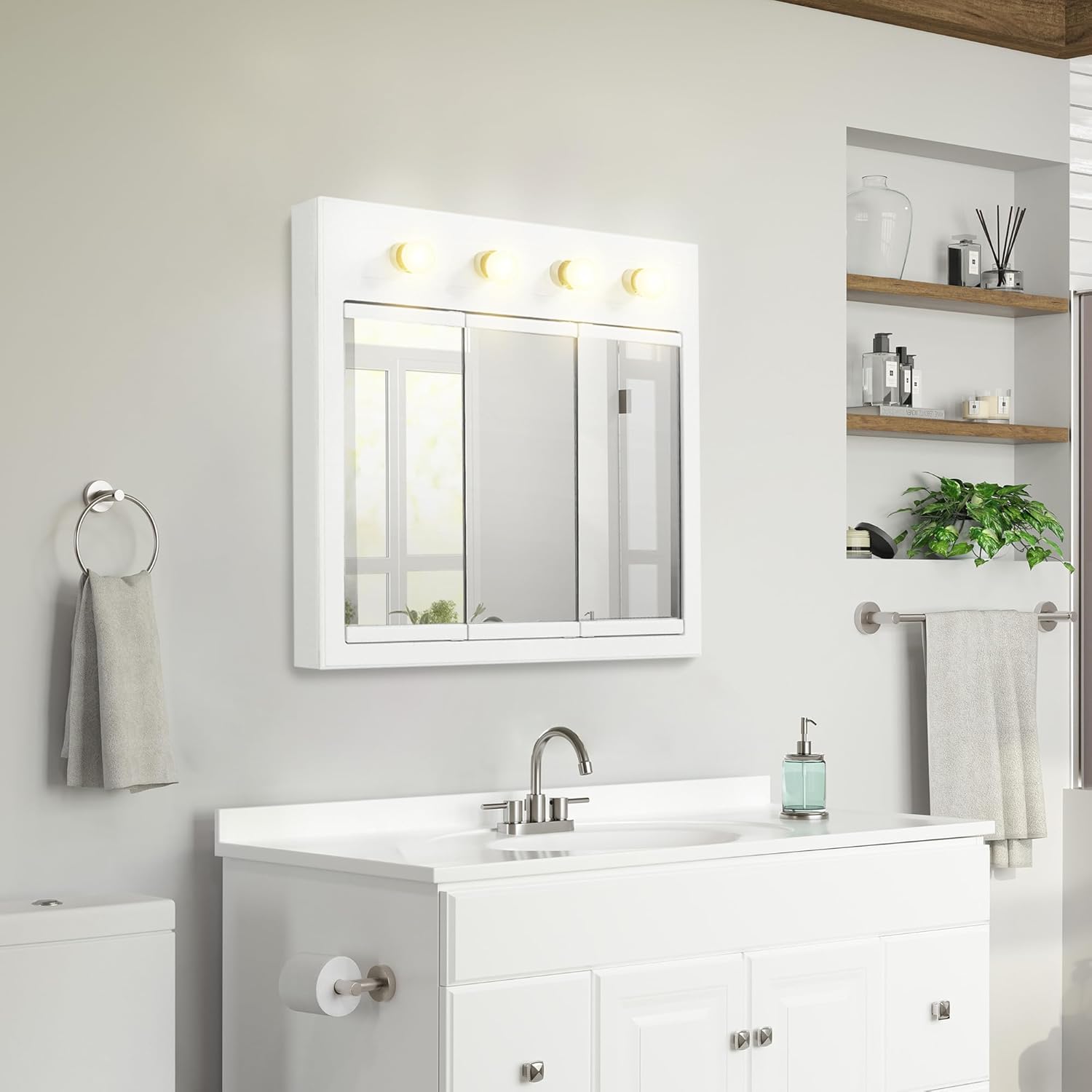 Design House Concord Medicine Cabinet, 3 Mirrored Doors, Pre-Assembled, Surface Mount, 4 Lights, White Wood Frame Wall Cabinet, 30 in W x 5 in D x 30 in H, 532382-WHT