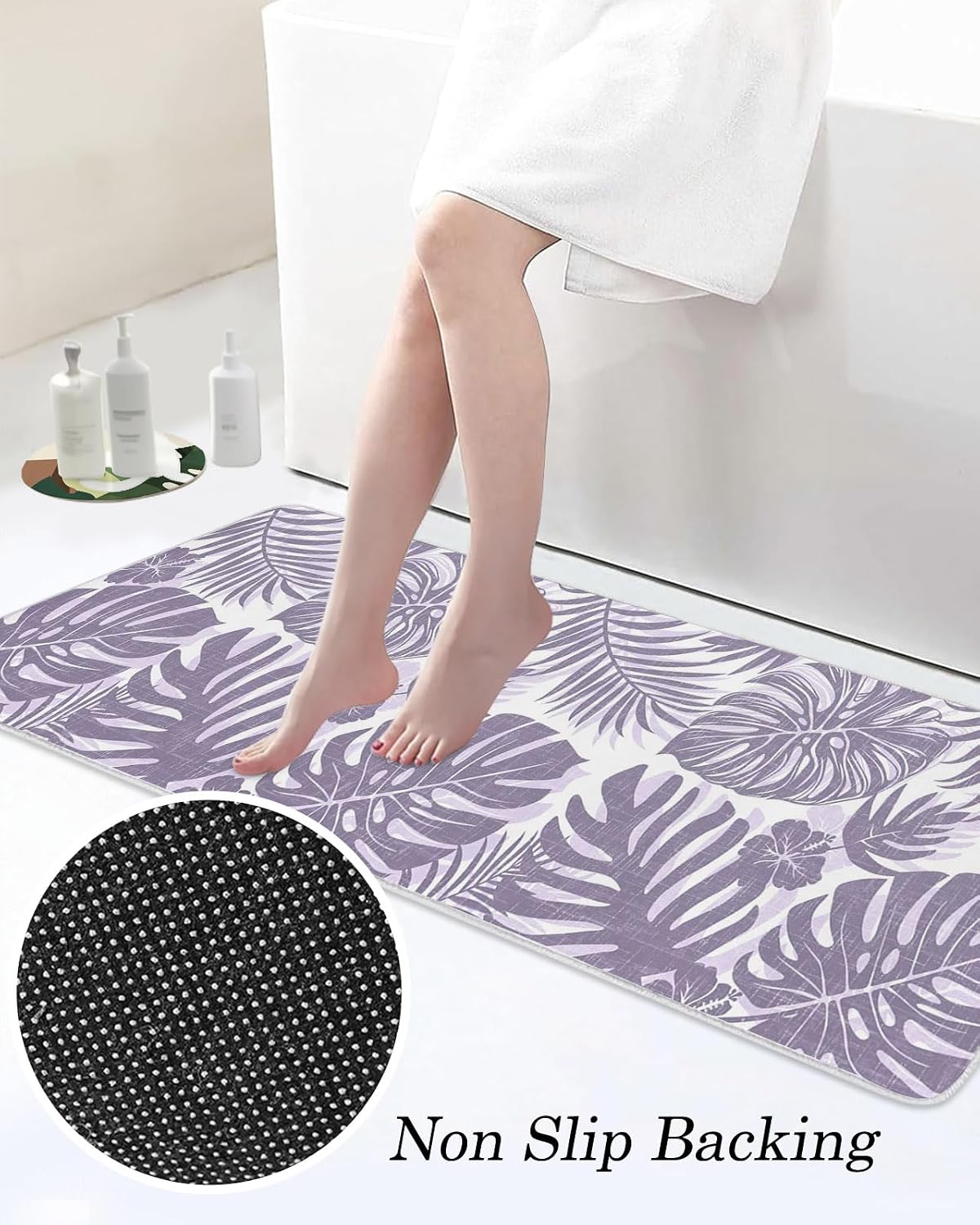Purple Palm Leaves Kitchen Mats Set of 2 Tropical Botanical Minimalist Modern Non Slip Mat Washable Floor Rug for Kitchen Sink Floor Laundry, 15.7"x23.6"+15.7"x47.2"