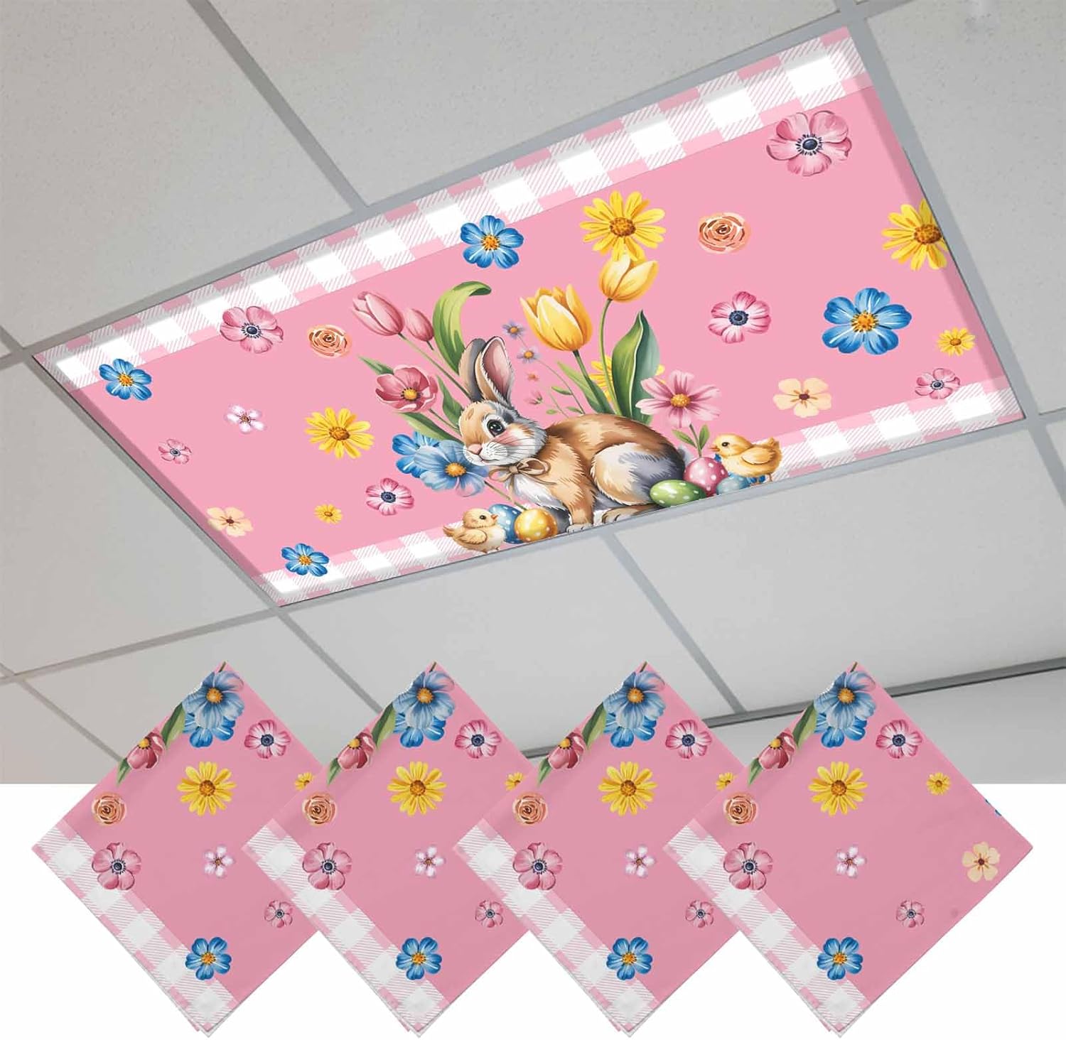 2x4 ft Fluorescent Light Cover for Ceiling Easter Day Rabbit Tulip Eggs Chick Magnetic Light Filters, Floral Plaid on Pink Ceiling Lampshades for Home School Office 4Pcs