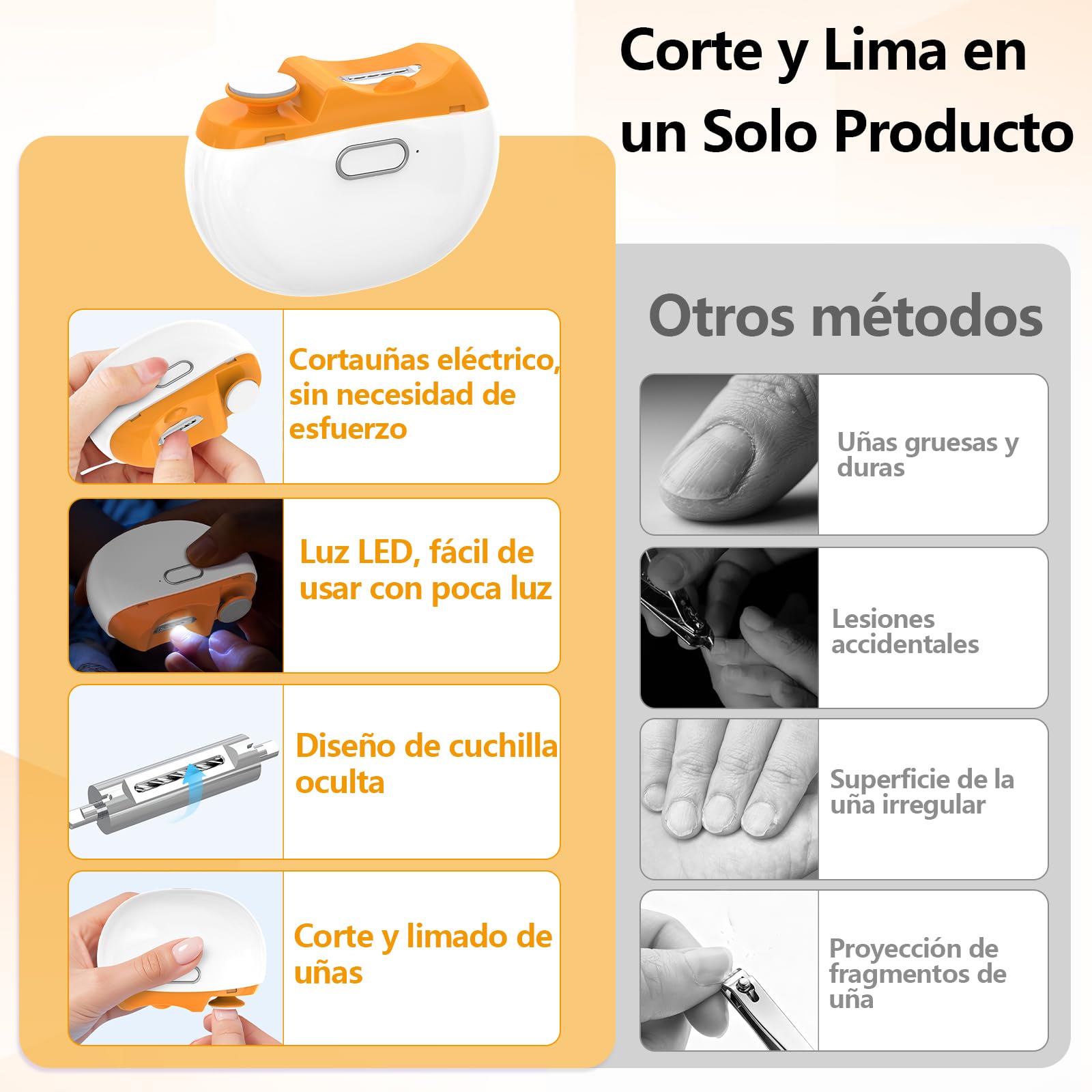Cortauñas Eléctrico, 2 en 1 Cortauñas con Luz LED y almacenamiento de restos de uñas, 2 velocidades Cortaúñas Automático y Pulidor, Recargable Ruido bajo, para bebés, adultos y ancianos - Orange — view 4