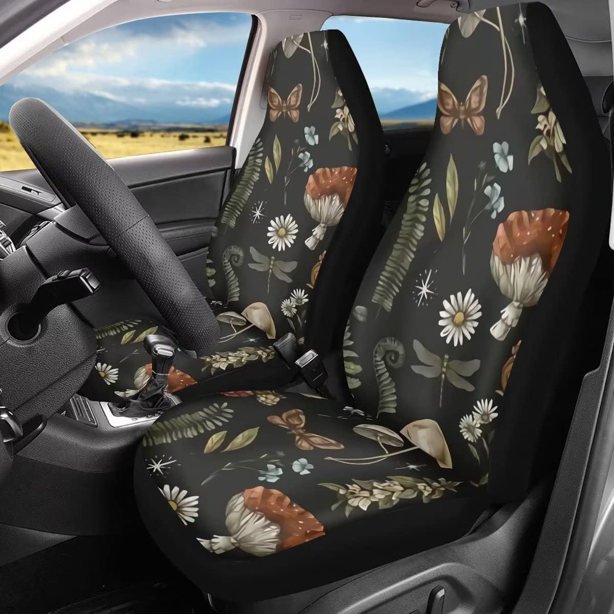 Mushroom Car Seat Covers,2 Pcs,Daisy Dragonfly Butterflies Mushroom Auto Seat Cover Pad for Front,Universal Elastic Vehicle Seats Cushion Automotive Interior Protection Accessories for Women