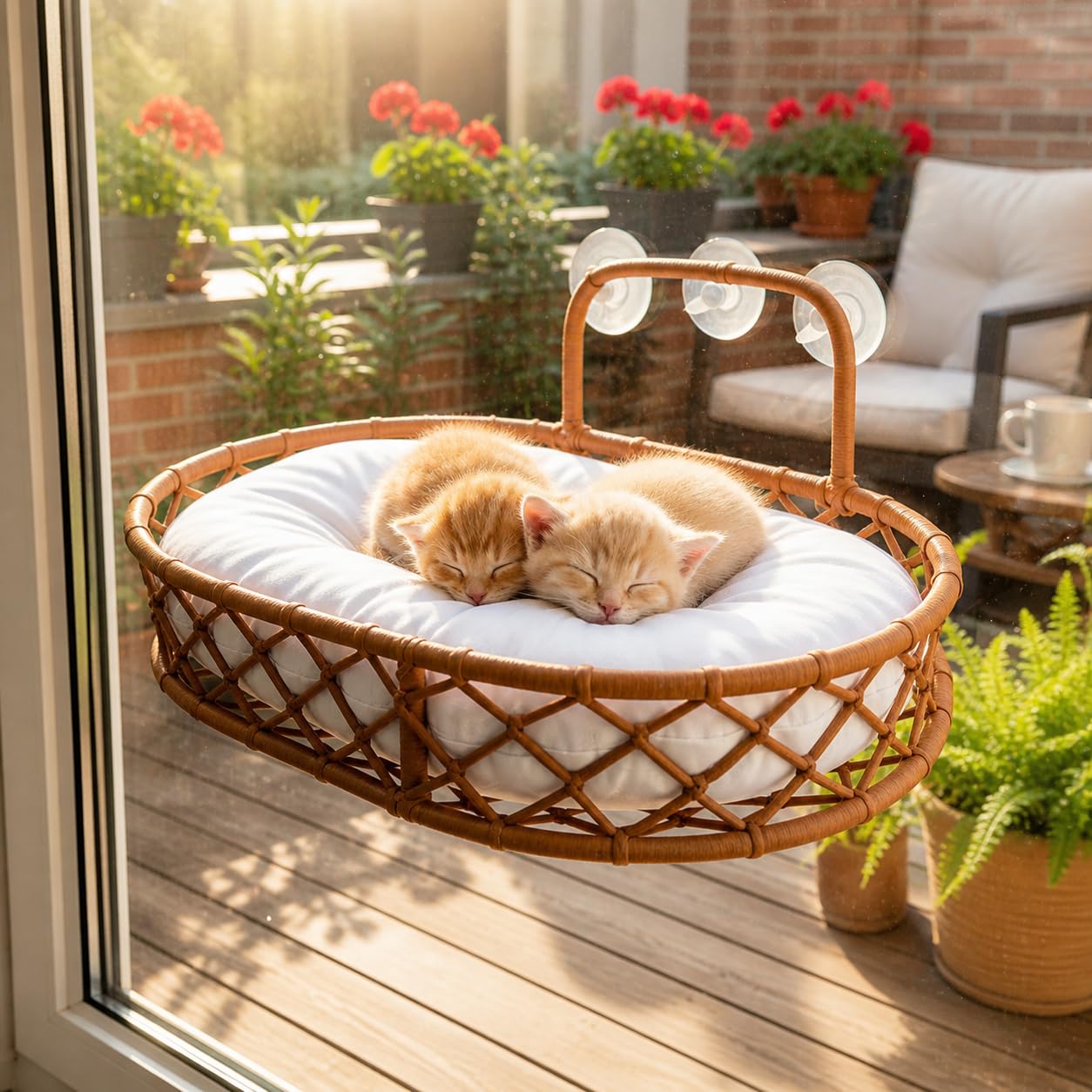 Tumbona para gatos con ventosas, hamaca trenzada a mano para ventanas y cristal, acogedor lugar de descanso para gatos (marrón)