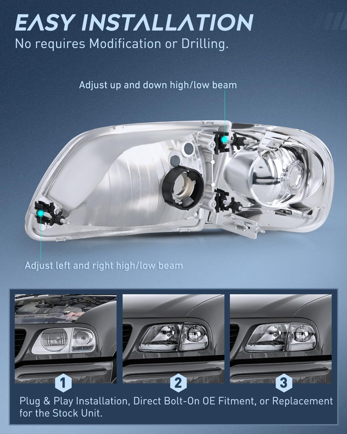 Nilight Headlight Assembly Compatible with 1997 1998 1999 2000 2001 2002 2003 Ford F-150 Expedition Chrome Housing Smoked Lens
