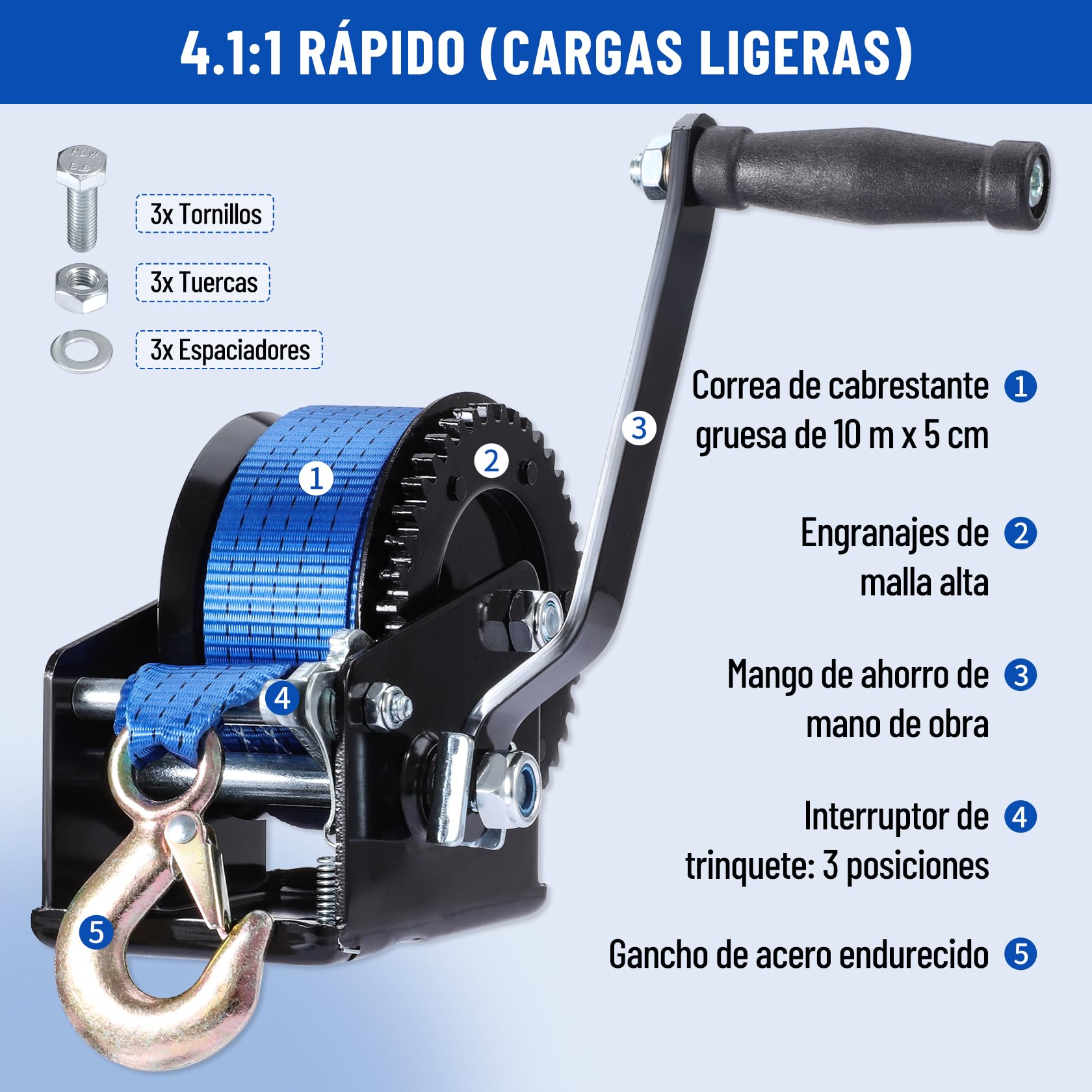 Pindex Cabrestante para barco con correa de 10 m, 800 kg, con antirretroceso | Con gancho de carga, palanca de bloqueo, tornillo, tuerca y arandela, para taller, garaje, remolque, dinghi, madera
