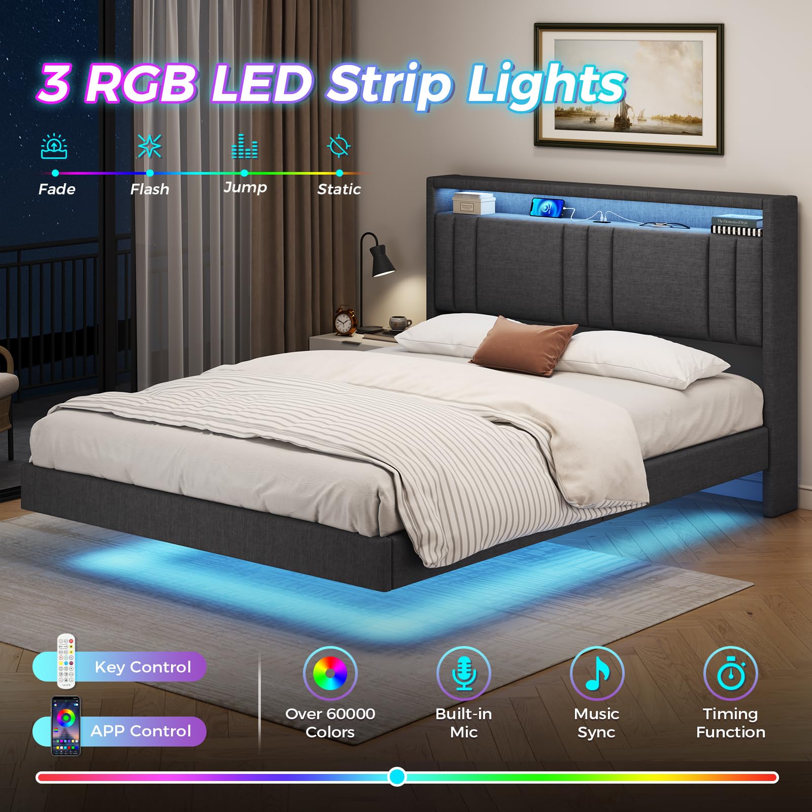 KIMENICH Cama de 140 x 190 cm, Cama tapizada multifunción con Toma USB y luz LED, Efecto Visual Flotante, para Dormitorio, habitación de Invitados, Lino Gris