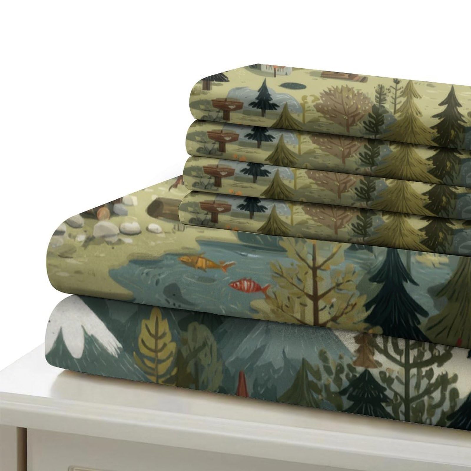 Wald Camping Szene 3-teiliges Reines Polyester Illustriertes Naturabenteuer Bettbezug, Versteckter Reißverschluss, Krippenbettwäsche, Babysicher & Pflegeleicht King（220x240cm）