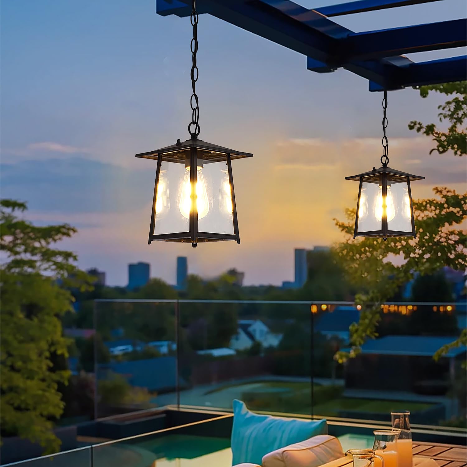 XINYASEE Farol Colgante de Techo cuadrada Exterior,Lámpara colgante sencilla de un cabezal de aluminio fundido con cristal,E27 Lámpara de Techo para Jardín Terraza Balcón,Patio e interior (A)