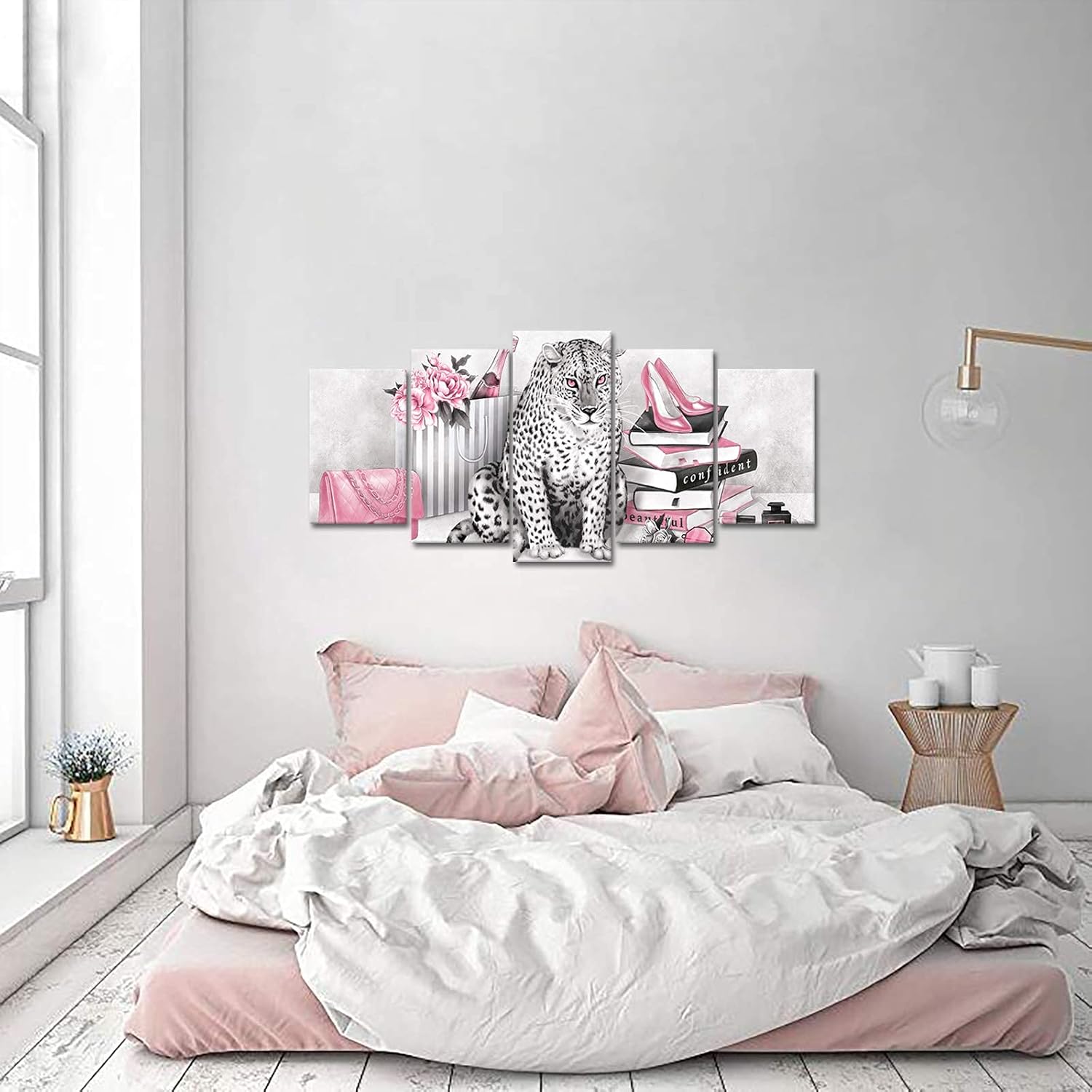 Kaloremore Black White Pink Fashion Leopard Canvas Wall Art Prints Glam High Heel Shoes Books Poster Giclee Prints Picture for Woman Bedroom Girl Gift Makeup Room Decoration