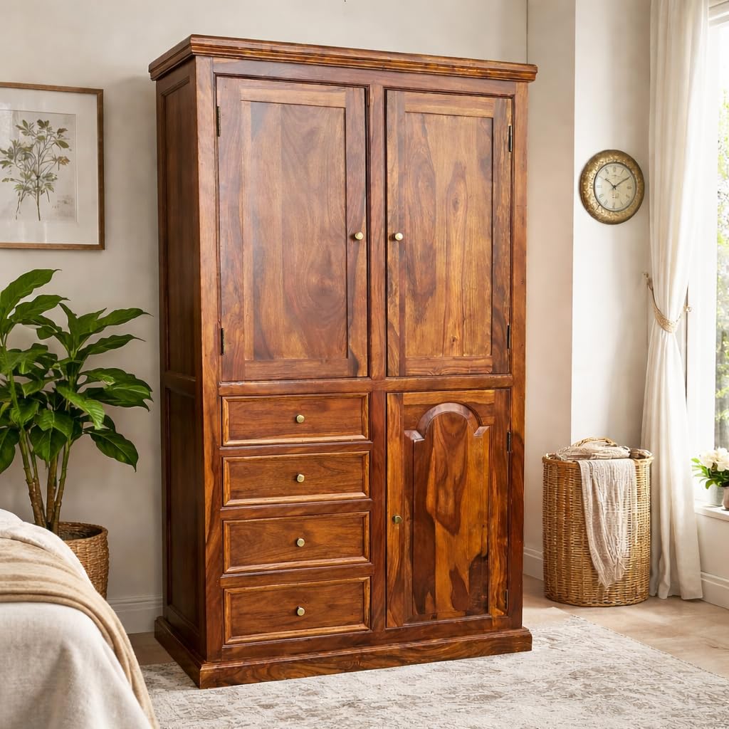 Suryavanshi Solid Sheesham Wood Wardrobe with 4 Drawers 3 Door, Sheesham Wood Finish, Traditional Style Armoire with Storage- Honey Finish-image-25