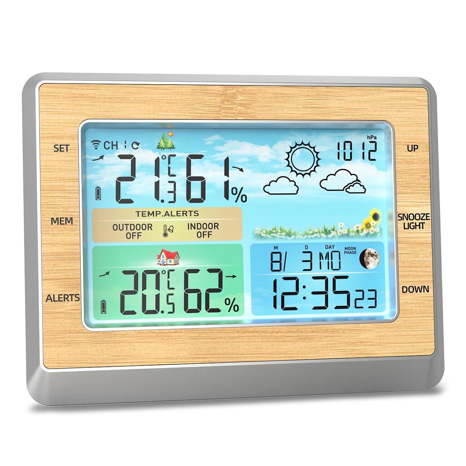 WLAN-Wetterstation mit LED-Farbbildschirm, Helligkeitsanpassung, Temperatur und Luftfeuchtigkeit, wetterfest, subitoaste, Datum, Alarm, Wettervorhersage