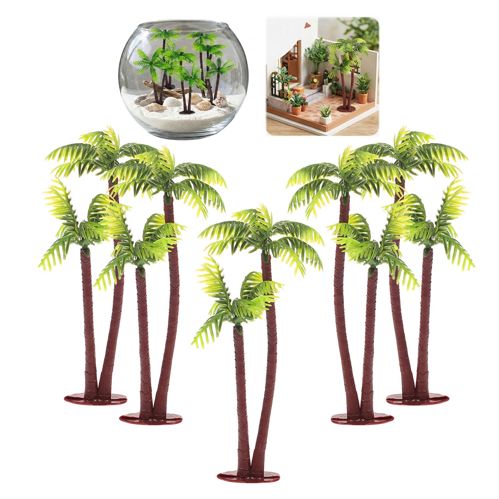 SHINEOFI 5pcs Miniature Palm Trees, Artificial Terrariums Coconut Tree Decor for DIY Micro Landscape And Cake Topper, Green Plastic Bonsai Model for Crafts Decor