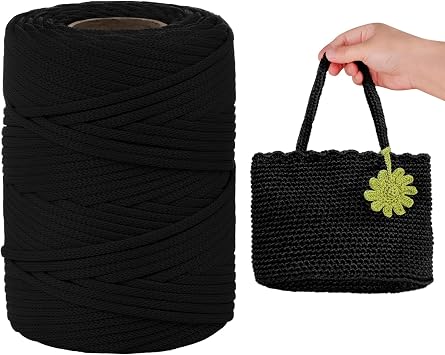 Polyester Cord, Polyester Macrame Cord 3mm x 100 Yards Flat Macrame Rope Crochet Polypropylene Cord Polyester Yarn for Crocheting, DIY Bags, Hats, Shoes Black