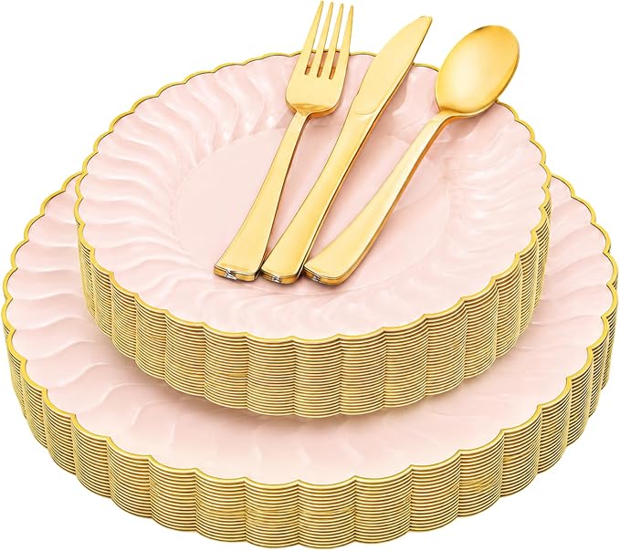 SKXIYEBS 125PCS Pink and Gold Plastic Plates Set - Heavy Duty Disposable Dinner & Dessert Plates for 25 Guests - Perfect for Graduation Party, Wedding, Birthday, Easter, Baby Shower, Celebration