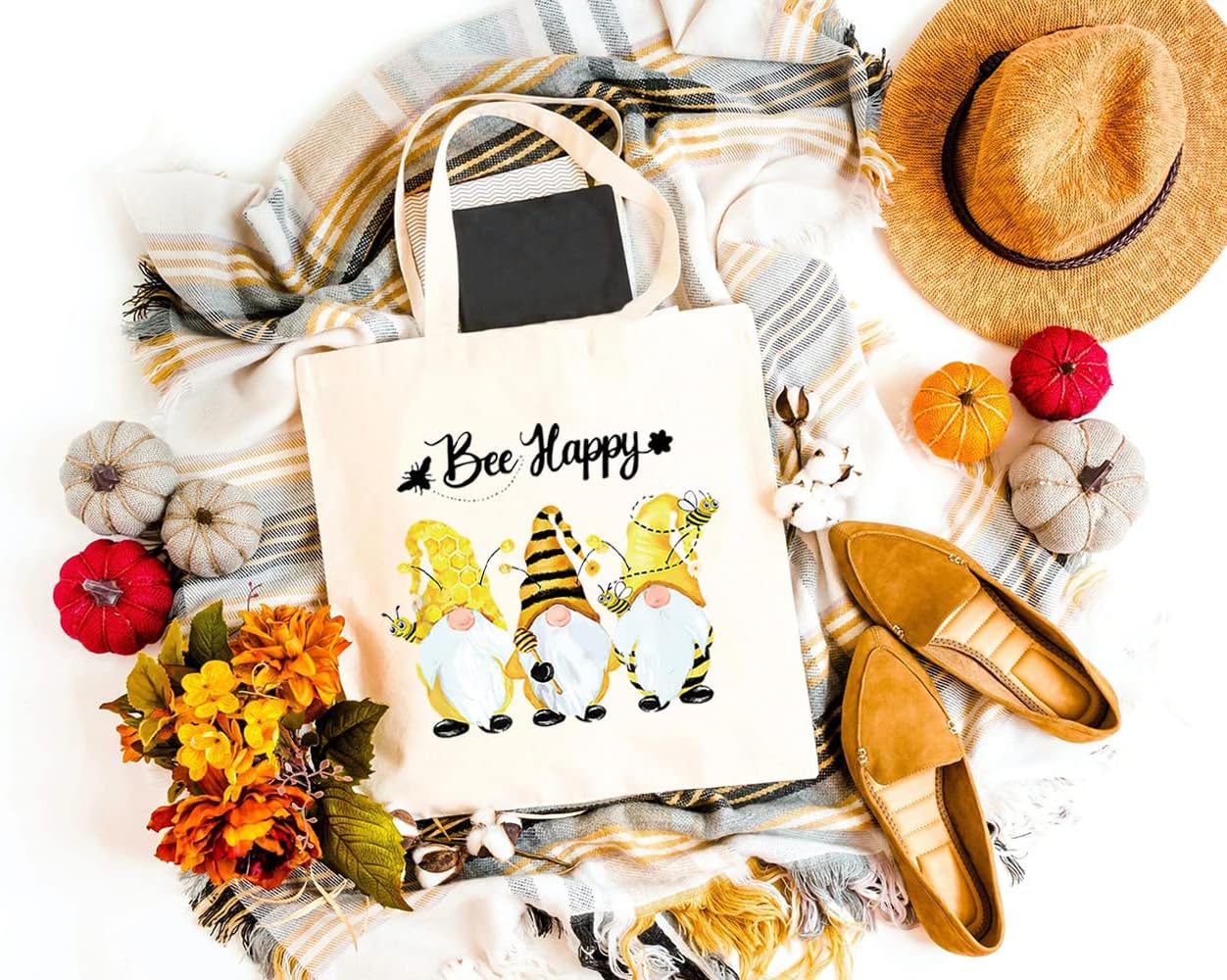 Bee Happy Canvas Tote Bag for Women Cute Gnomes Reusable Travel Grocery Shoulder Shopping Bags Girls Funny Gifts image 3