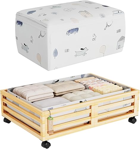 Miniatura 17 de Contenedores de almacenamiento de bambú para debajo de la cama, organizador debajo de la cama con ruedas con bolsa de polvo de gran capacidad