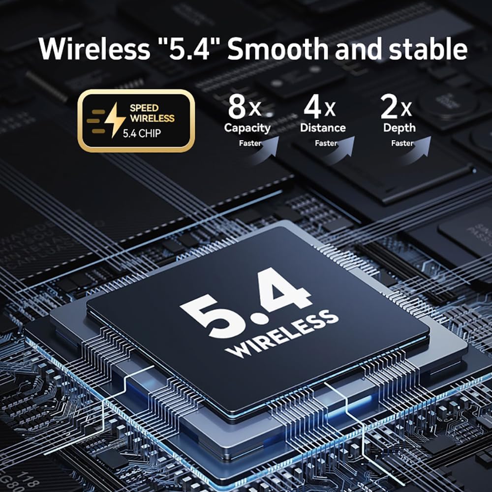 Diagram showing Wireless 5.4 chip with faster capacity, distance, and depth